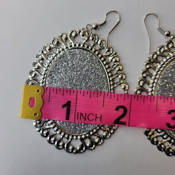 Silver Glitter Oval Earrings Gold Filigree Oval Earrings Large Glitter Earrings - Picture 4 of 5